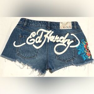 Ed Hardy Blue Denim Cutoff Shorts with White Script and Multicolor Side Graphic